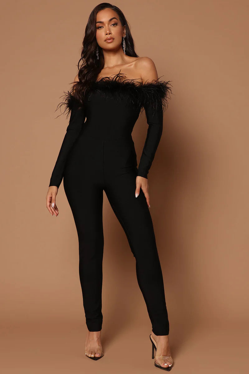 Off Shoulder Feather Jumpsuit - Black - M