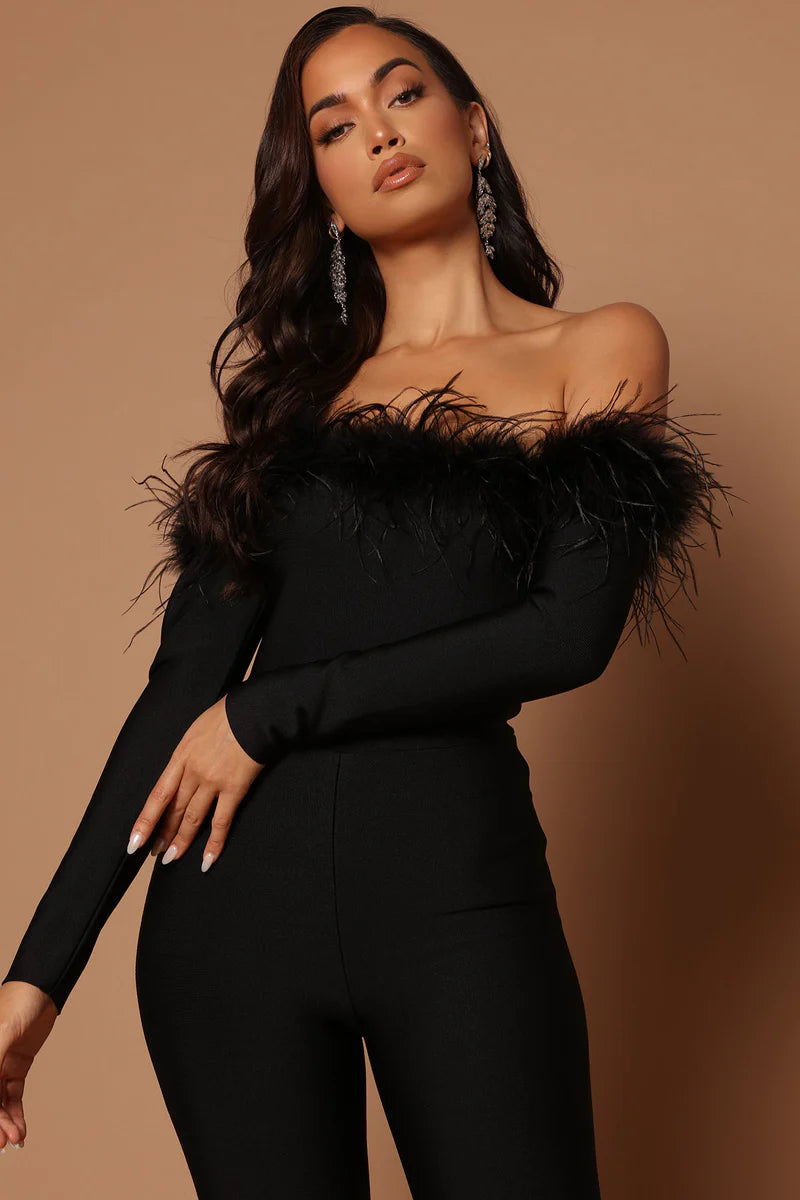 Off Shoulder Feather Jumpsuit - Black - M