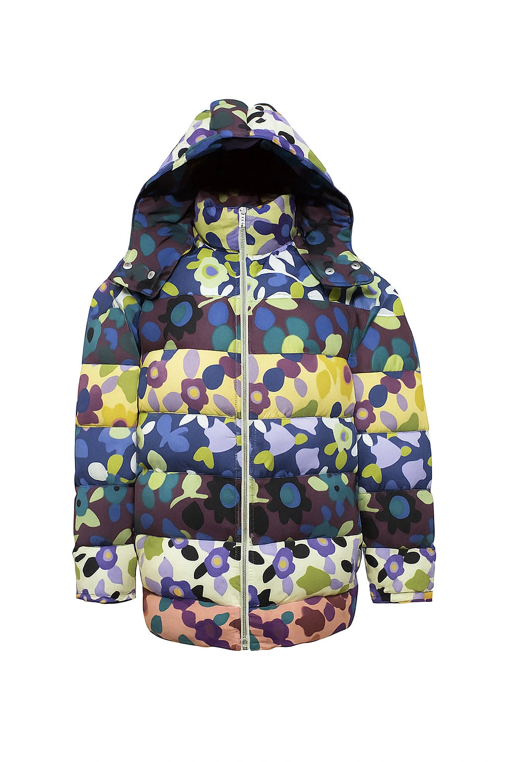 Colorful floral puffer jacket with a detachable hood, featuring bold multicolor patterns and a full front zipper - L