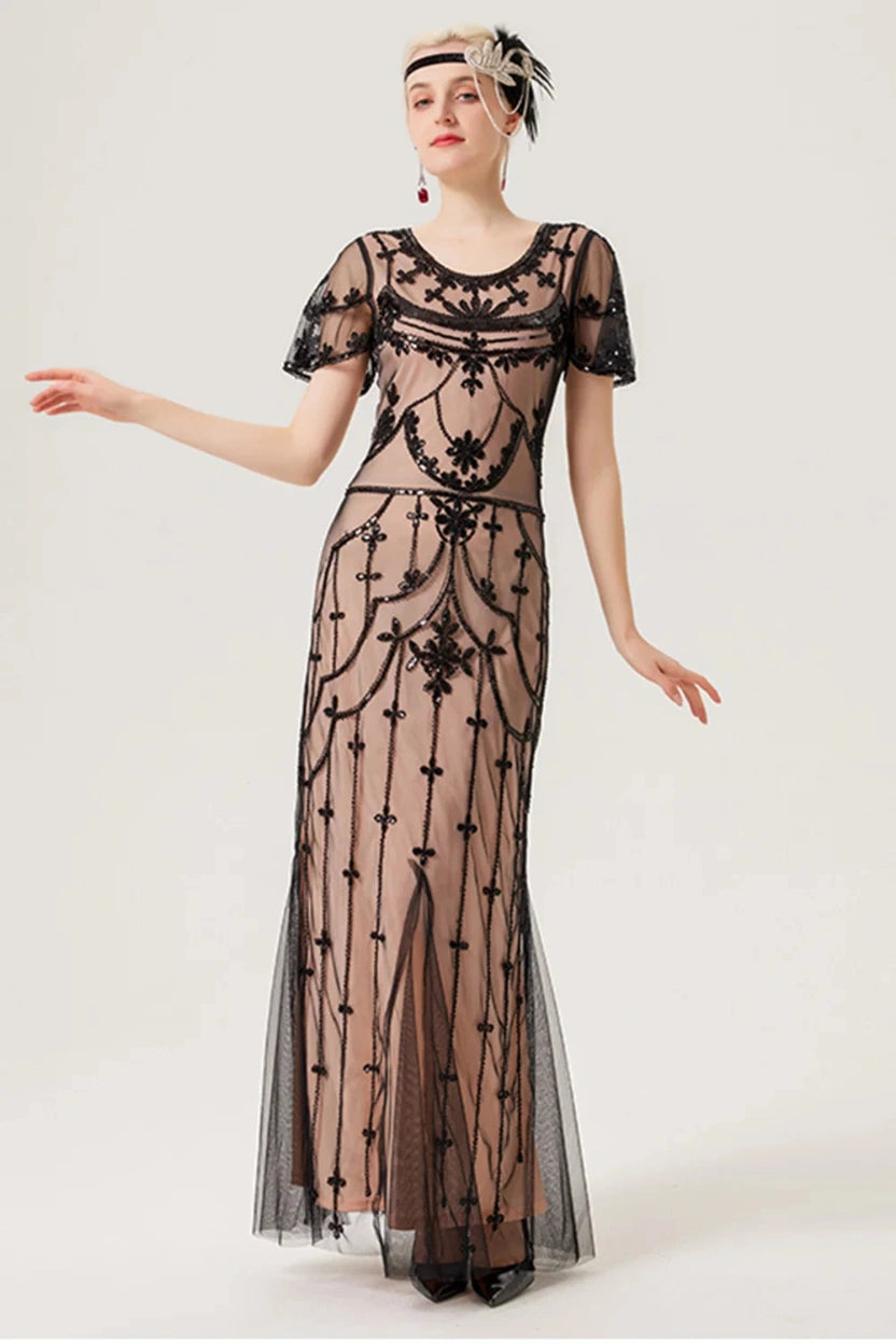 1920s Sequin Beaded Mesh Maxi Gown
