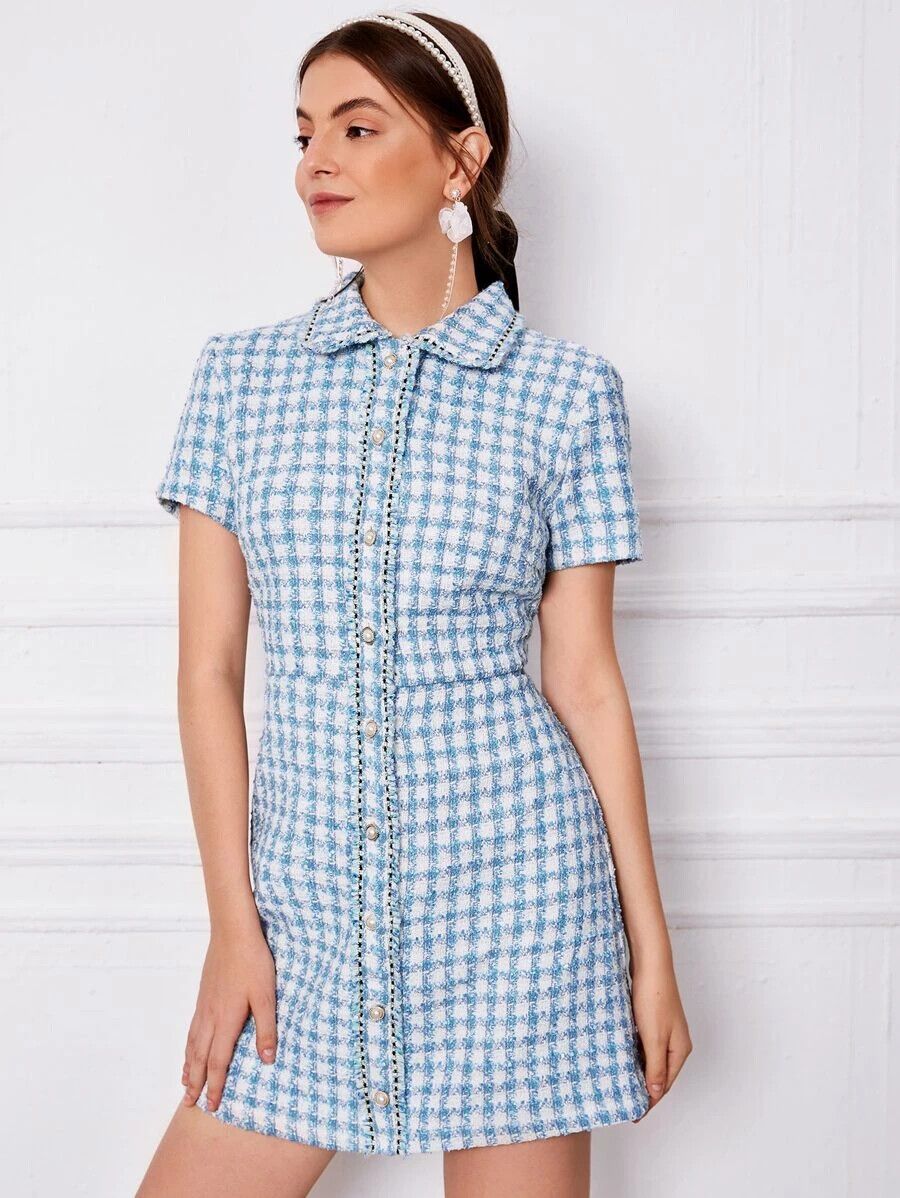 Plaid Raw Trim Tweed Dress - XS