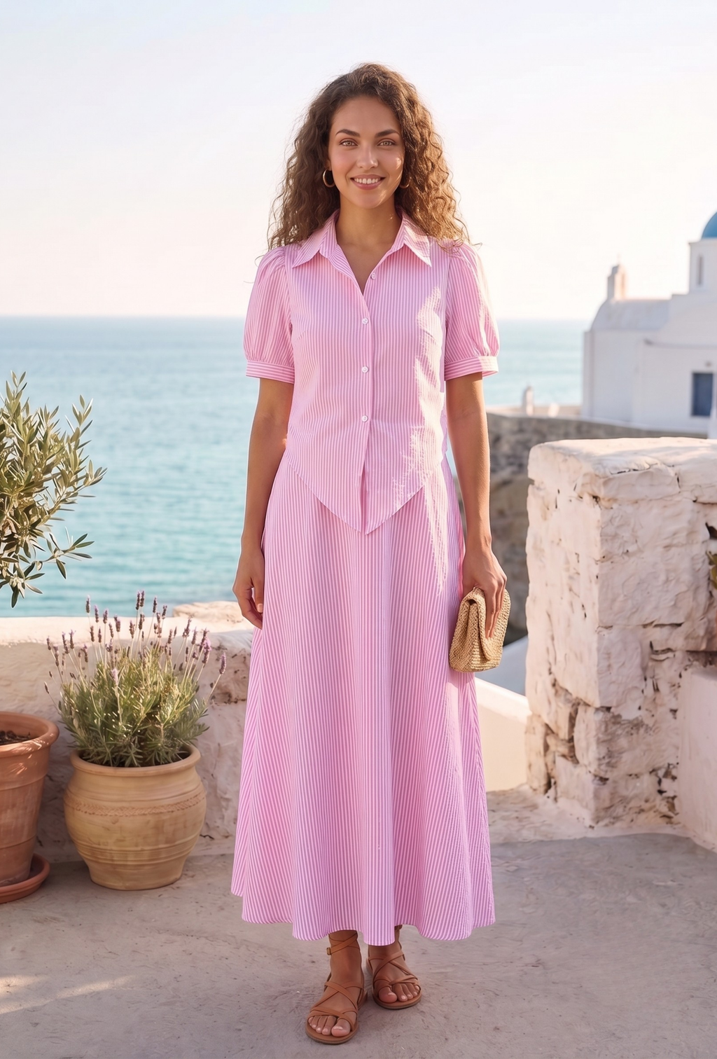 Pink Striped shirt Top & Maxi dress 2-Piece Set