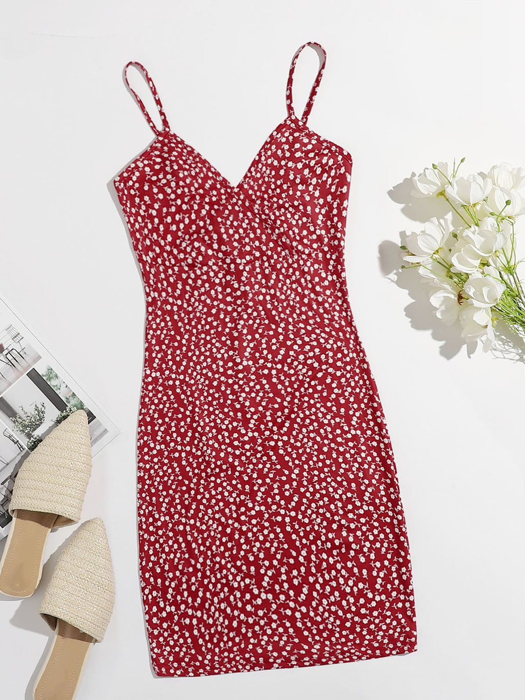 SHEIN VCAY Surplice Neck Ditsy Floral Slip Dress