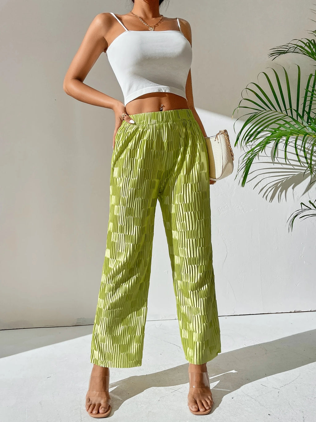 SHEIN PETITE Press Crease Satin Straight Leg Pants