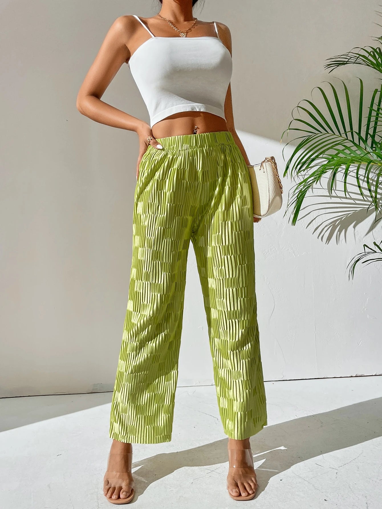 SHEIN PETITE Press Crease Satin Straight Leg Pants