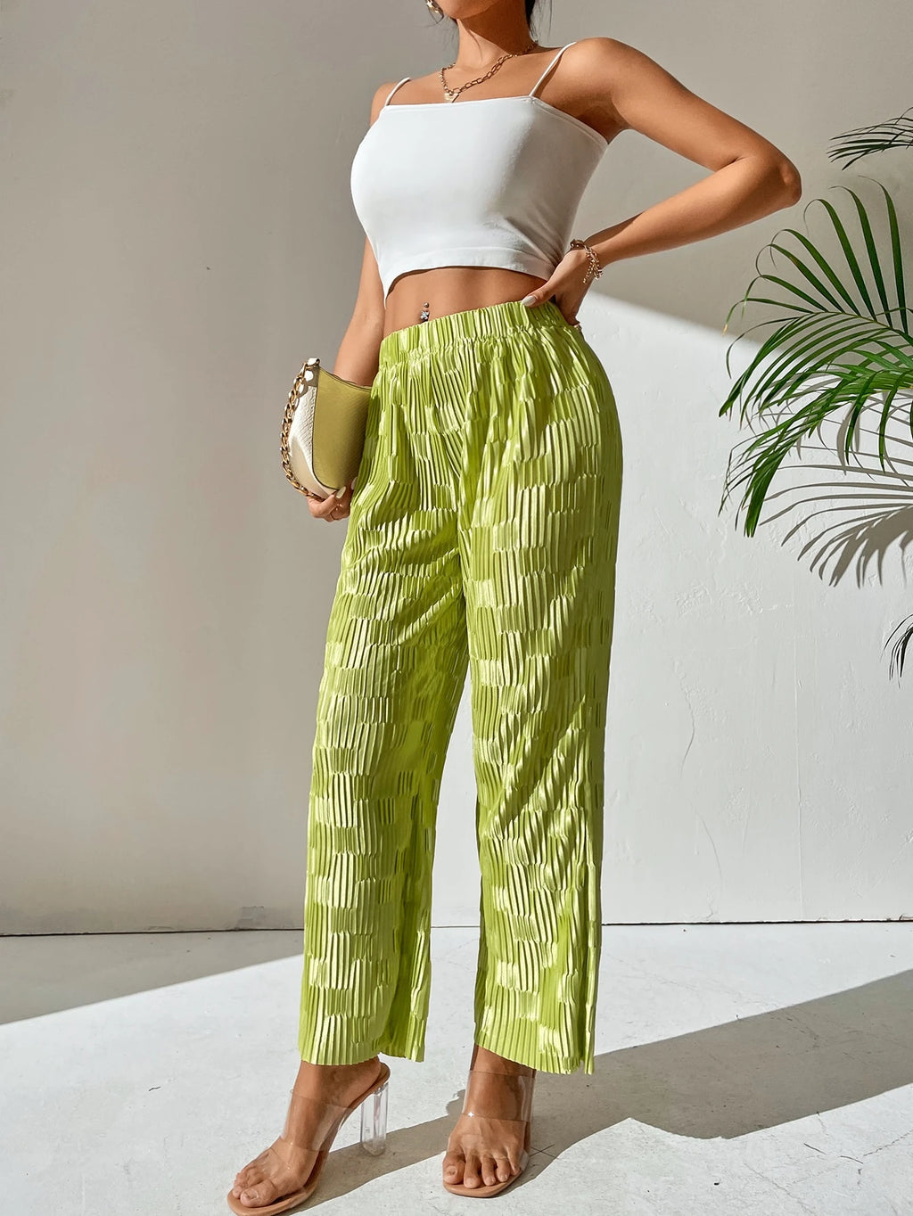 SHEIN PETITE Press Crease Satin Straight Leg Pants
