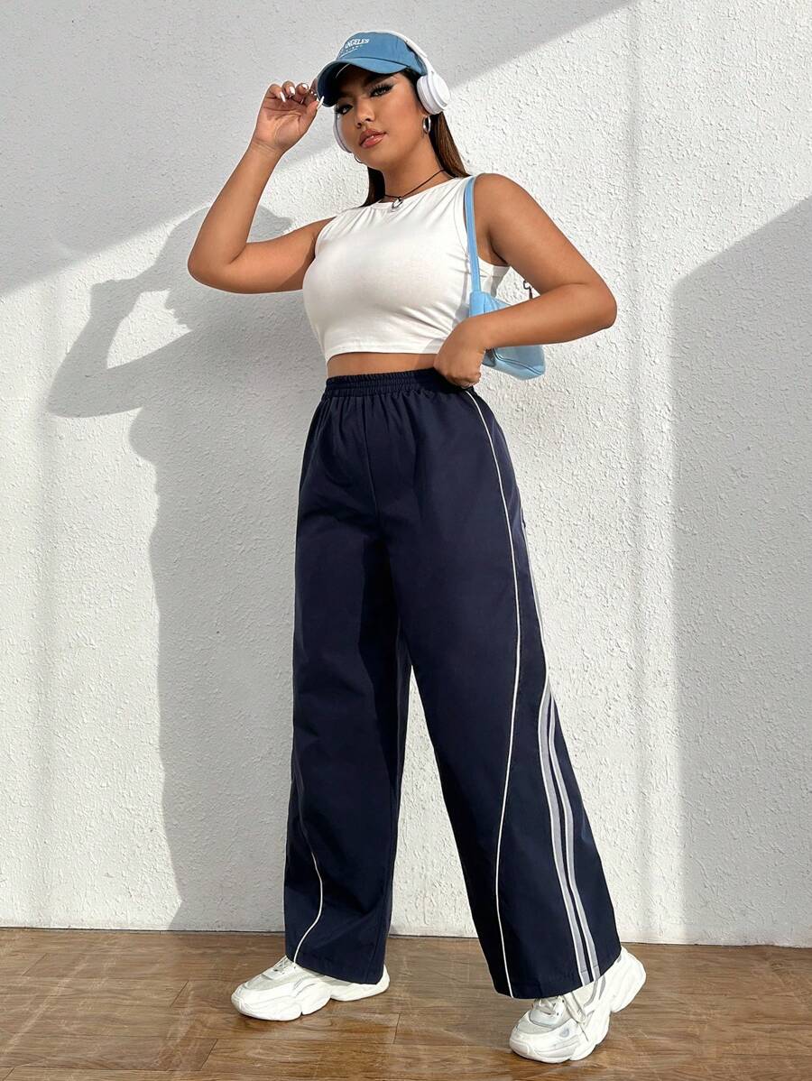 Plus Contrast Piping Straight Leg Pants