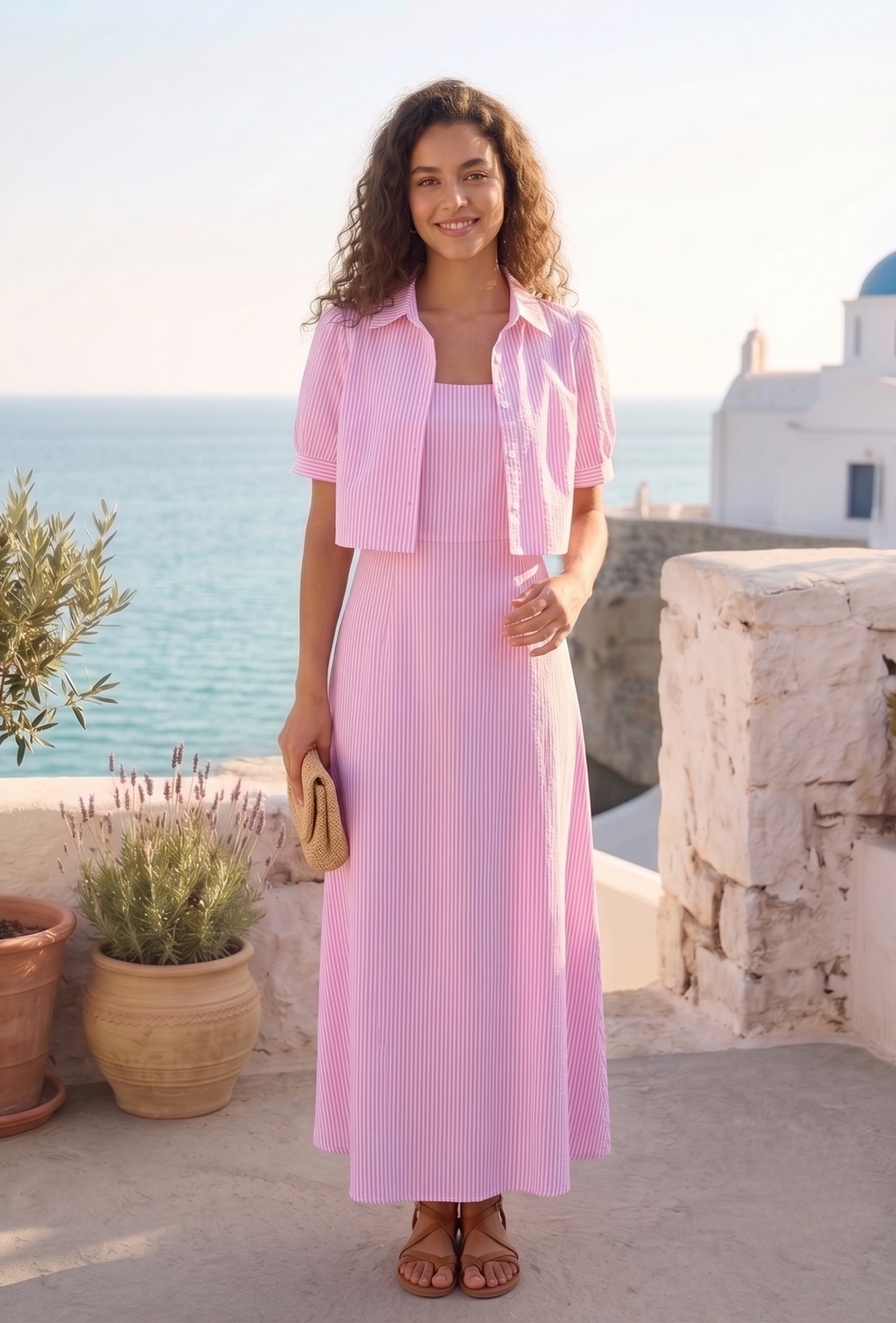 Pink Striped shirt Top & Maxi dress 2-Piece Set