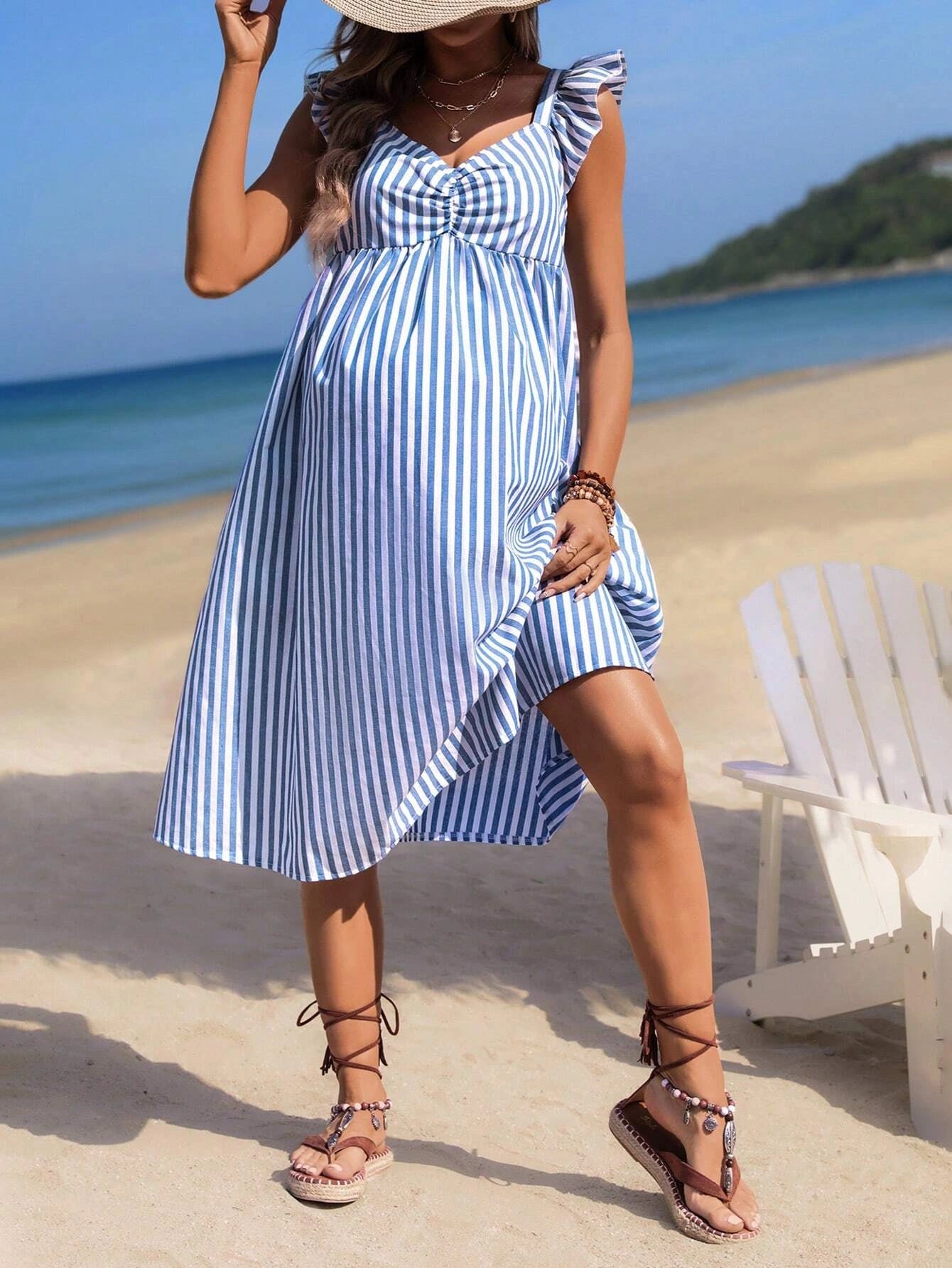 SHEIN Maternity Striped Pleated Cap Sleeve Dress