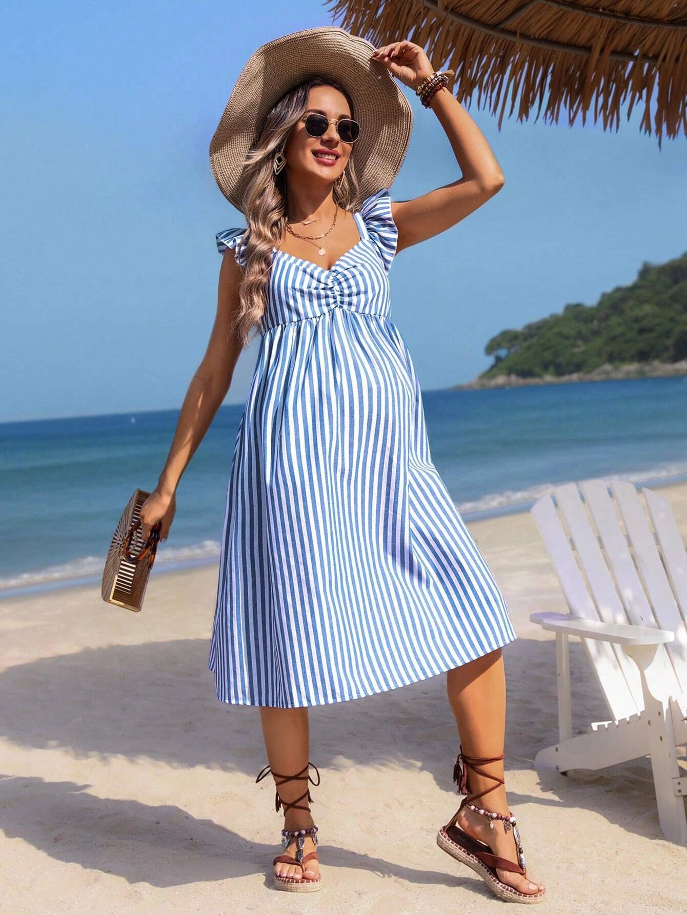 SHEIN Maternity Striped Pleated Cap Sleeve Dress