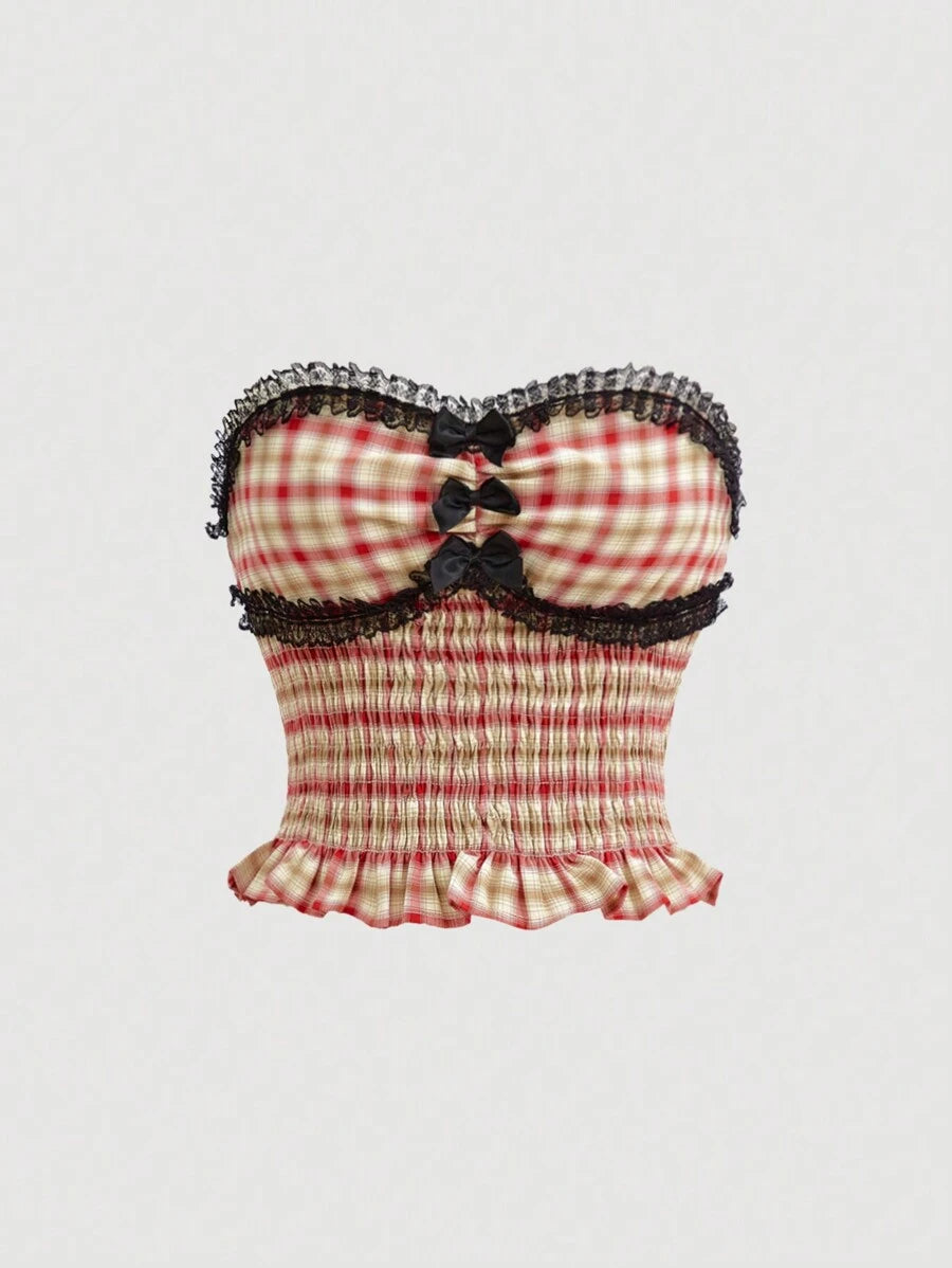 Women's Plaid Strapless Bowknot Crop Top In Multicolor