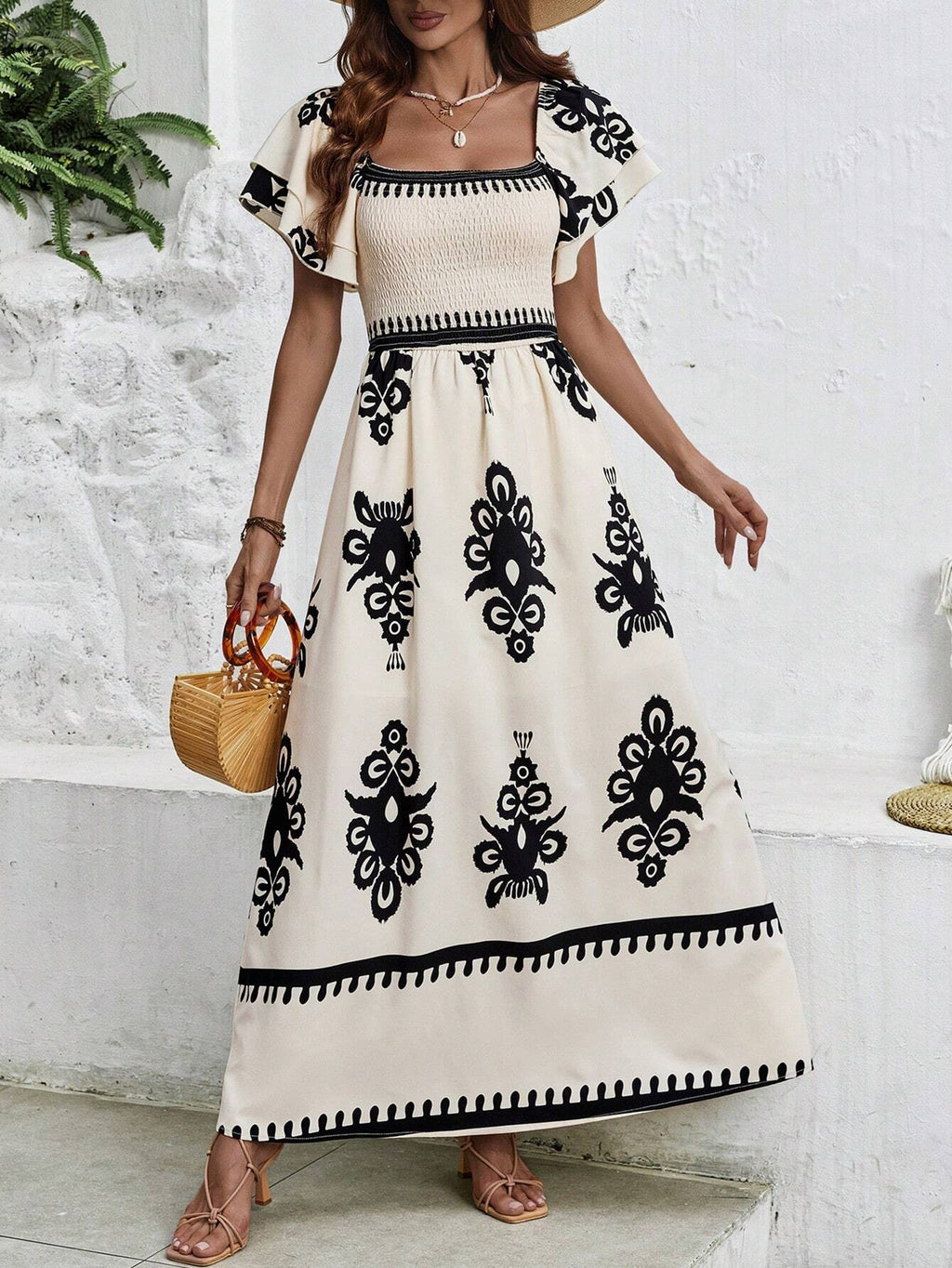 SHEIN Clasi Women's Black & White Printed  Maxi Dress