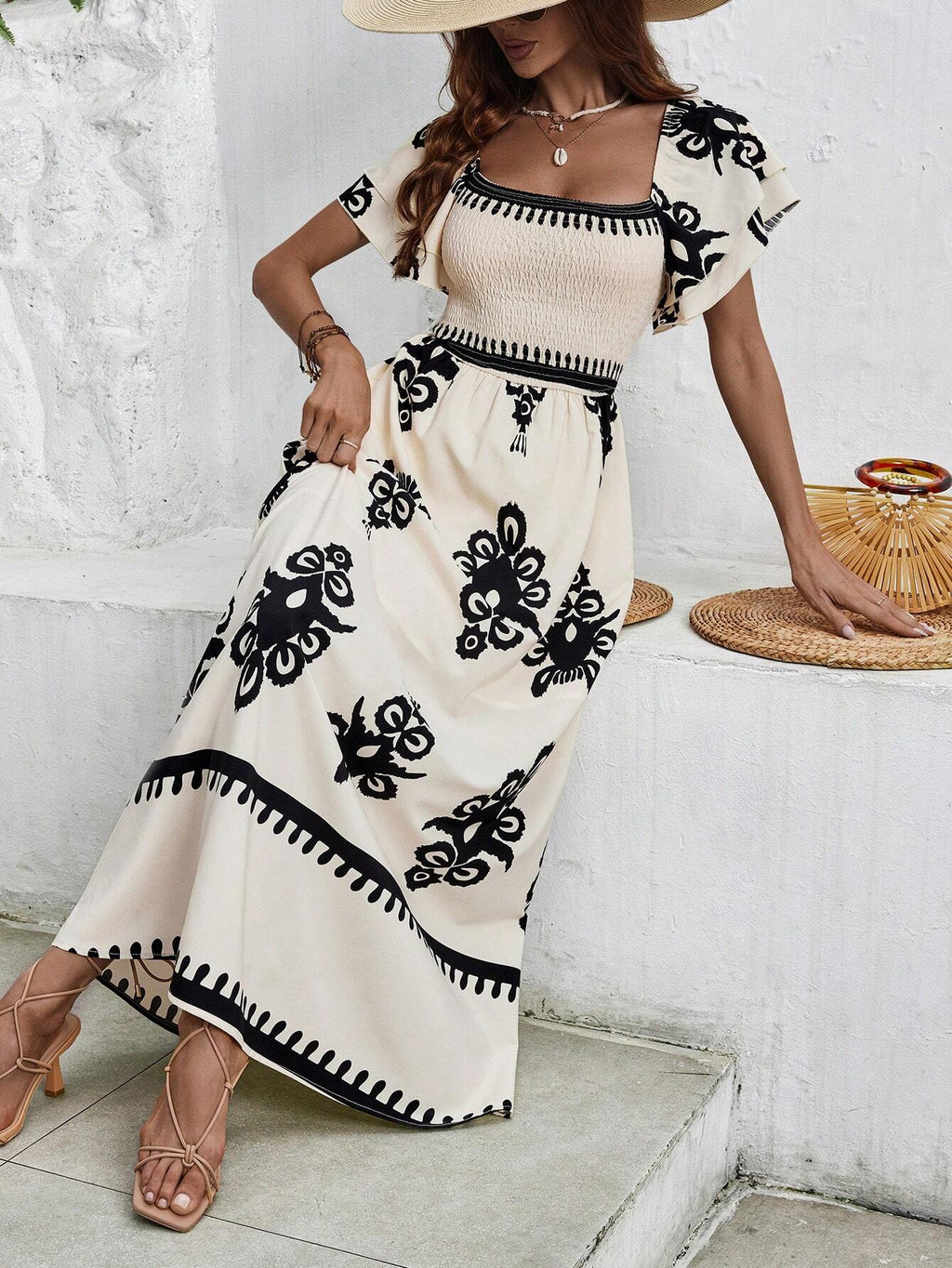 SHEIN Clasi Women's Black & White Printed  Maxi Dress