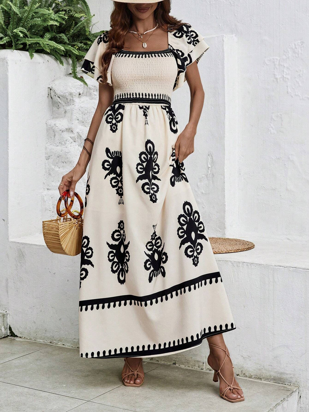SHEIN Clasi Women's Black & White Printed  Maxi Dress