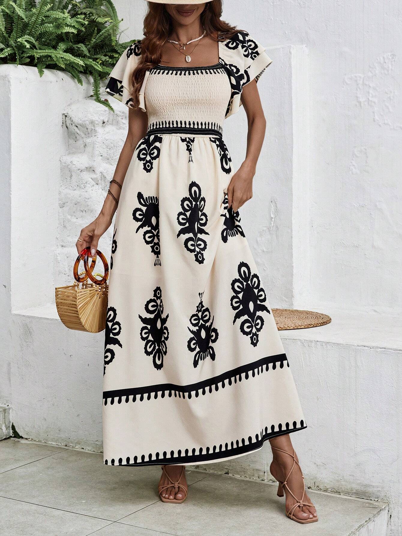 SHEIN Clasi Women's Black & White Printed  Maxi Dress