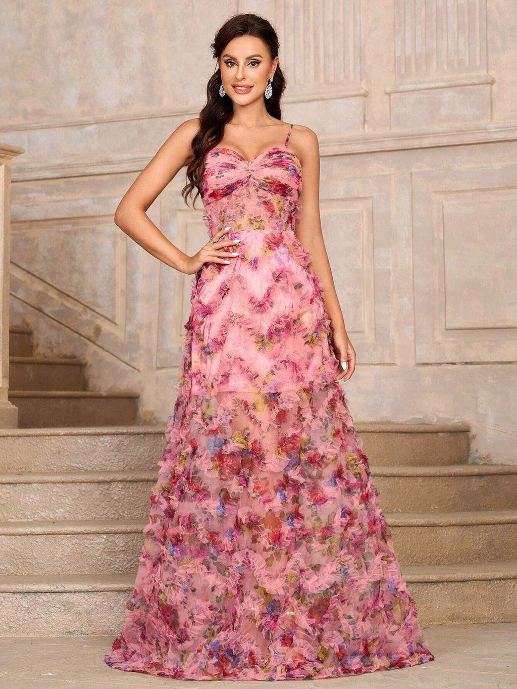 SHEIN Belle Elegant Spaghetti 3D Floral Printed Women Evening Dress (Heavy Duty)