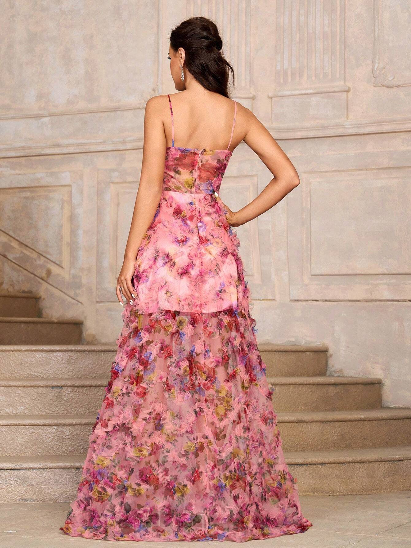 SHEIN Belle Elegant Spaghetti 3D Floral Printed Women Evening Dress (Heavy Duty)