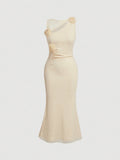 SHEIN MOD Apricot Mesh 3D Flower Mermaid Hem Dress