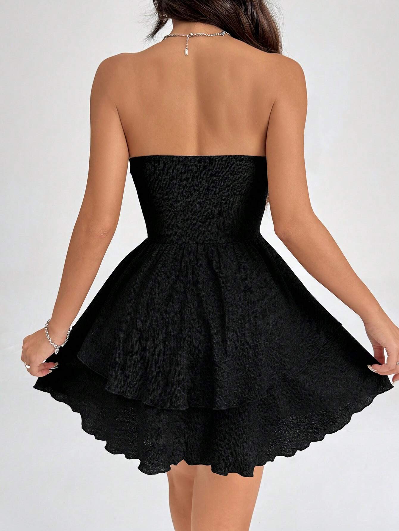 SHEIN PETITE Solid Pleated Strapless Dress With Cinched Waist