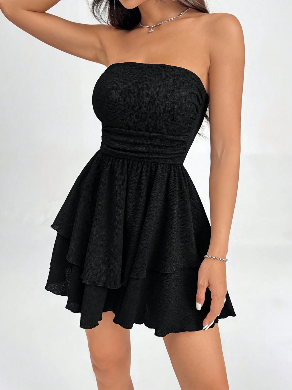 SHEIN PETITE Solid Pleated Strapless Dress With Cinched Waist