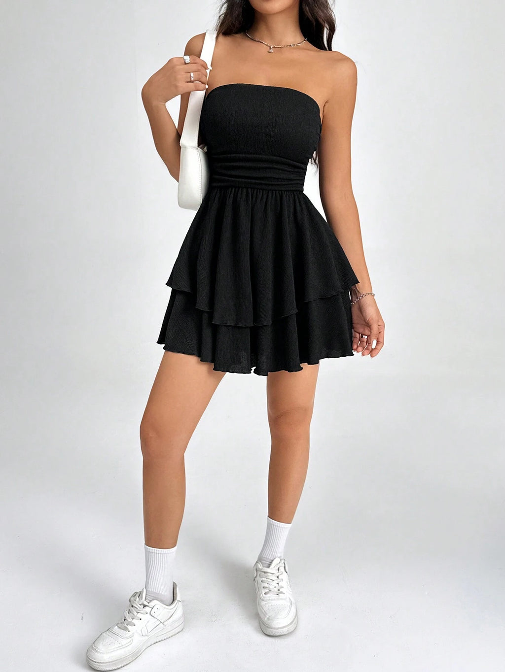 SHEIN PETITE Solid Pleated Strapless Dress With Cinched Waist