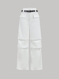 All White Summer Chic Office Belted Pleated Cargo-Style Straight-Leg Pants