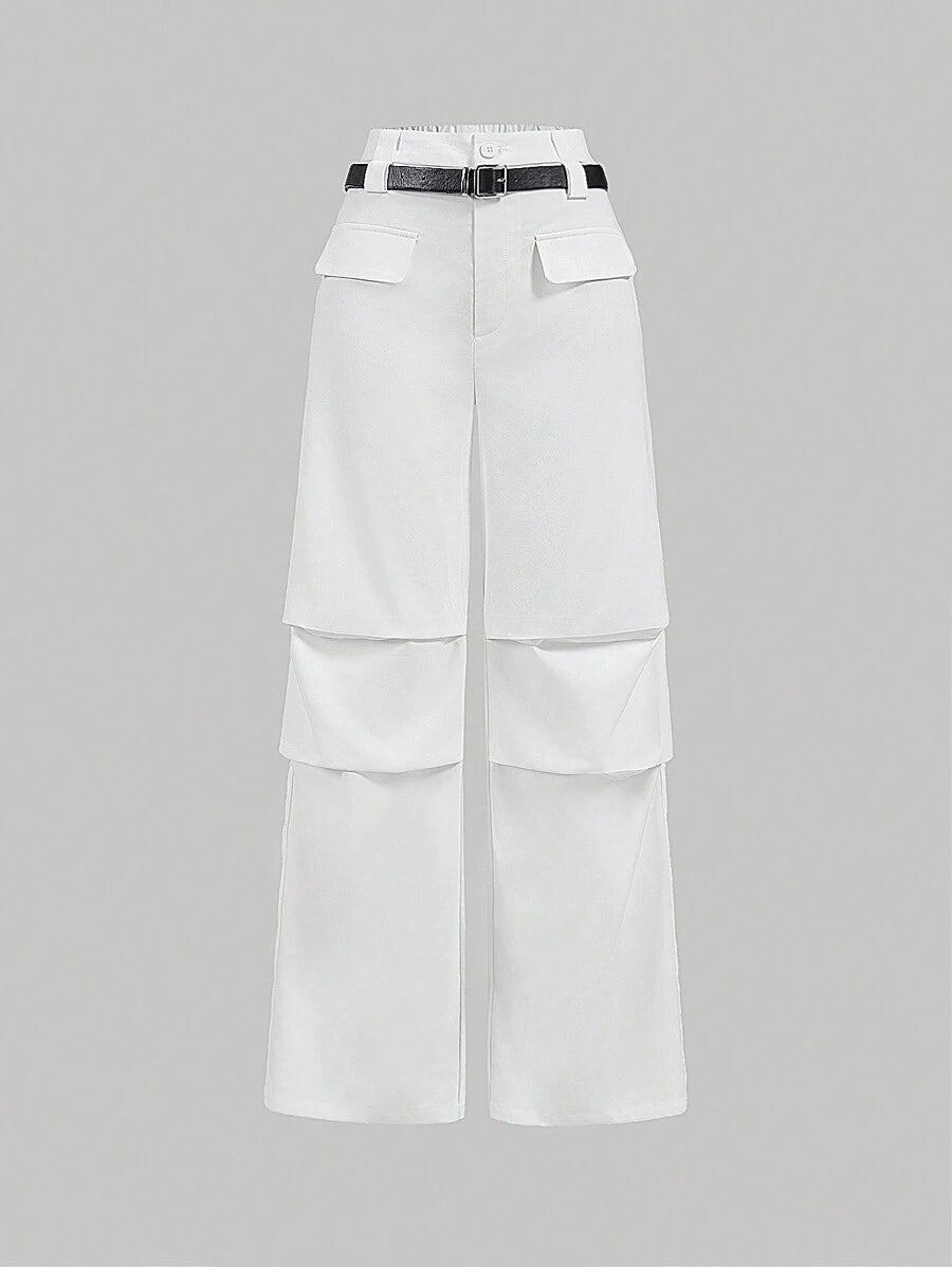 All White Summer Chic Office Belted Pleated Cargo-Style Straight-Leg Pants