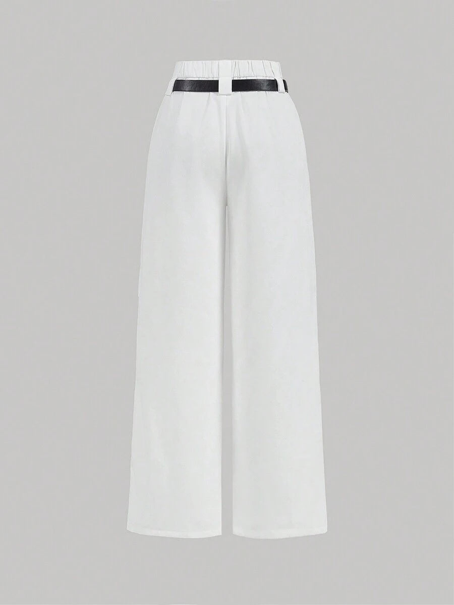 All White Summer Chic Office Belted Pleated Cargo-Style Straight-Leg Pants