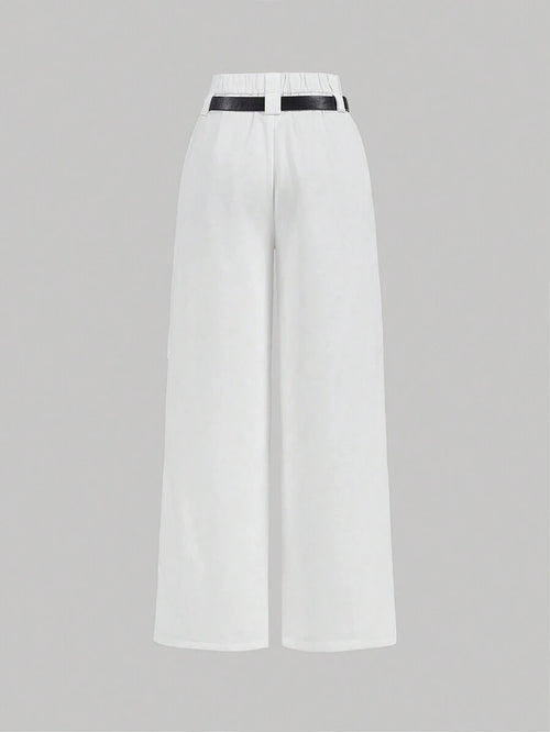 All White Summer Chic Office Belted Pleated Cargo-Style Straight-Leg Pants