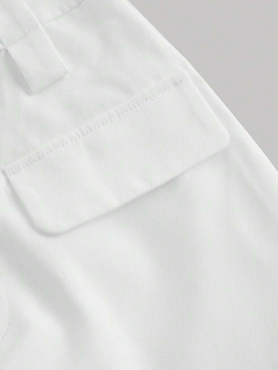 All White Summer Chic Office Belted Pleated Cargo-Style Straight-Leg Pants