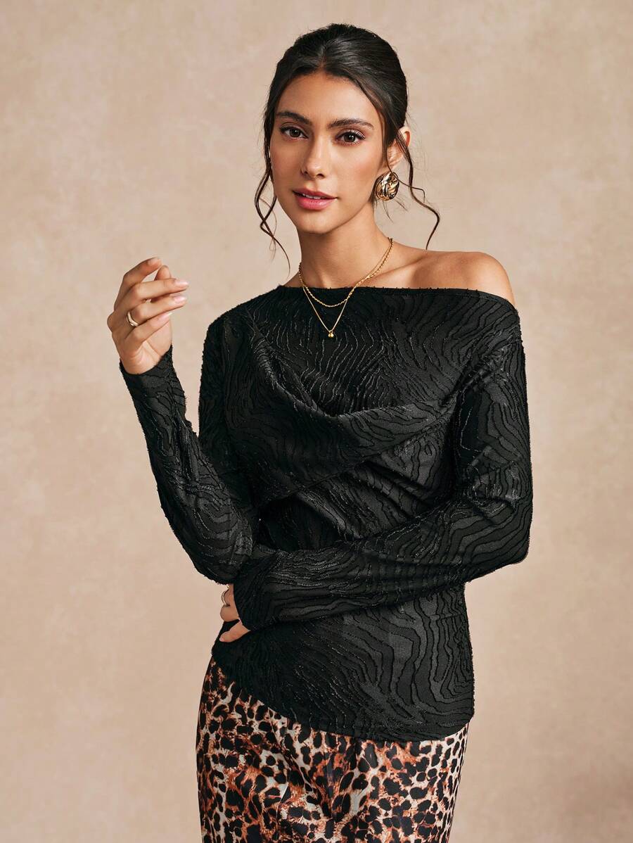 Women Solid Color Textured Knit Asymmetrical Collar Elegant Long Sleeve T-Shirt