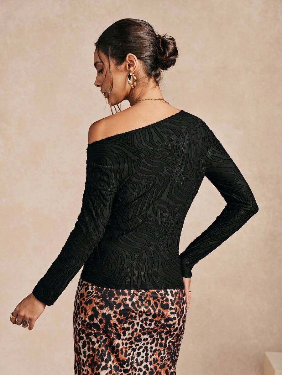 Women Solid Color Textured Knit Asymmetrical Collar Elegant Long Sleeve T-Shirt