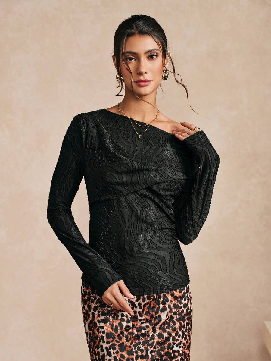 Women Solid Color Textured Knit Asymmetrical Collar Elegant Long Sleeve T-Shirt