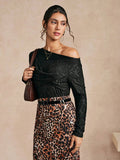 Women Solid Color Textured Knit Asymmetrical Collar Elegant Long Sleeve T-Shirt