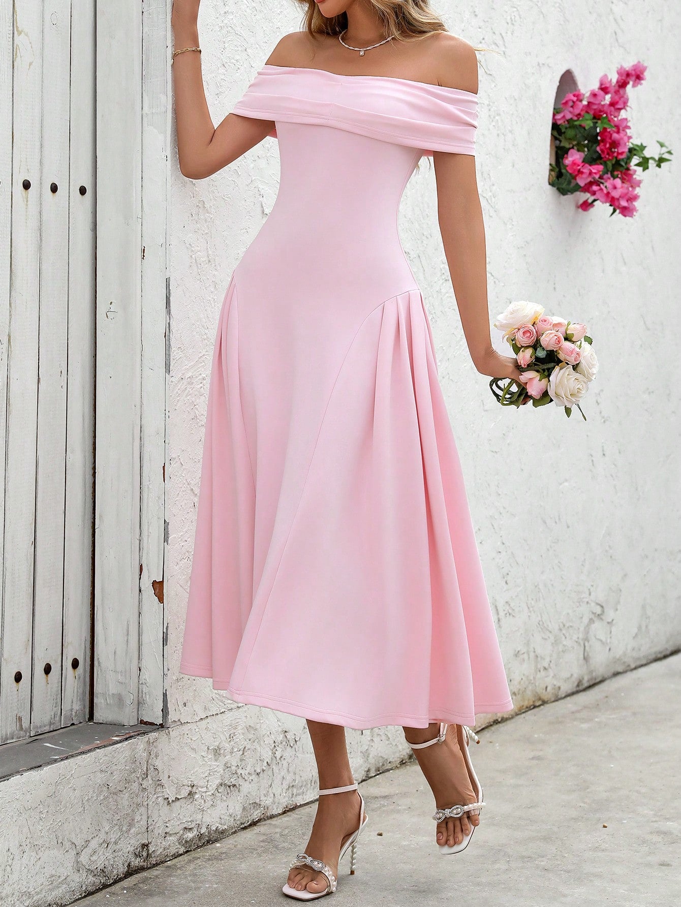 SHEIN Unity Women's Solid Color Off Shoulder Long Dress
