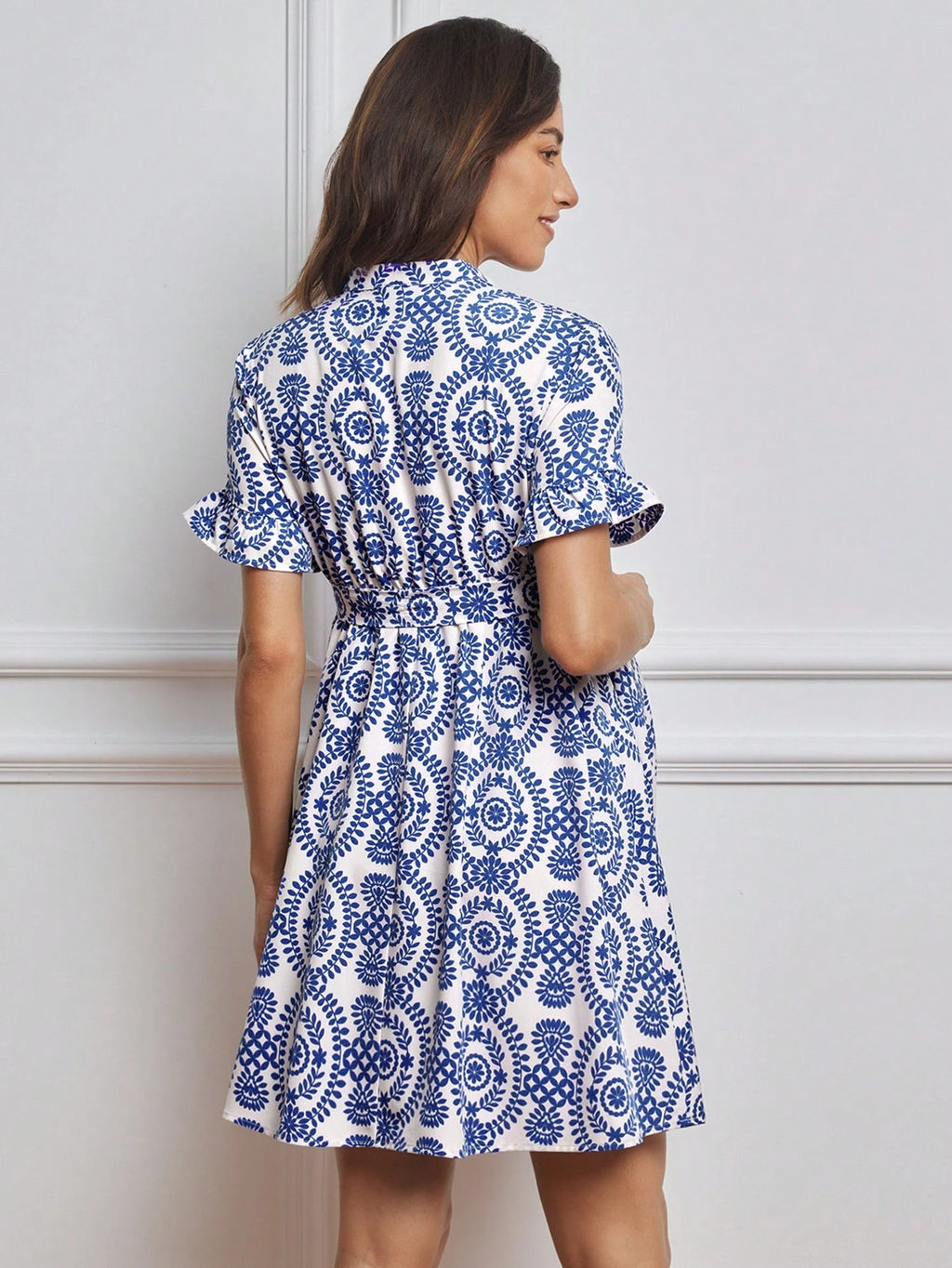 MaterniWear Pregnant Women V-Neck Blue Printed Dress