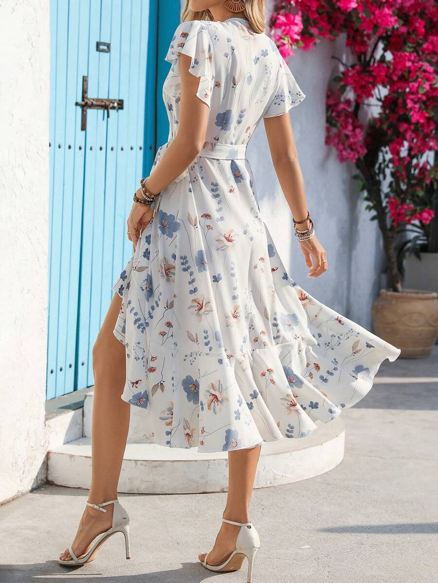 Women's Floral Printed Wrap Style Midi Dress Maxi Women Outfit