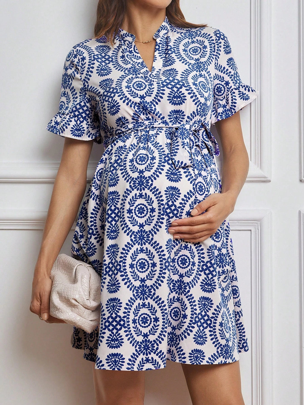 MaterniWear Pregnant Women V-Neck Blue Printed Dress