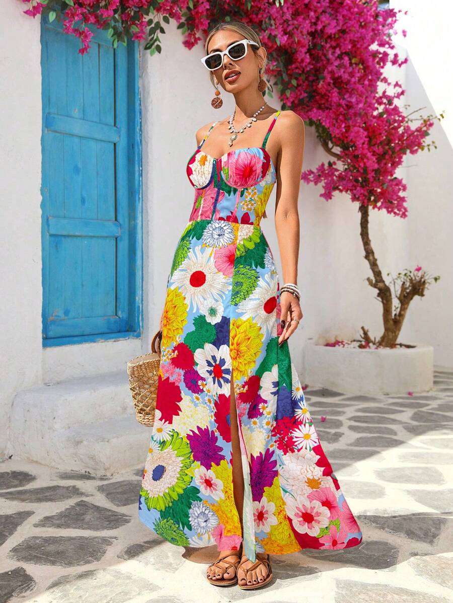 Women's Blue Floral Summer Boho Vacation Holiday Dress