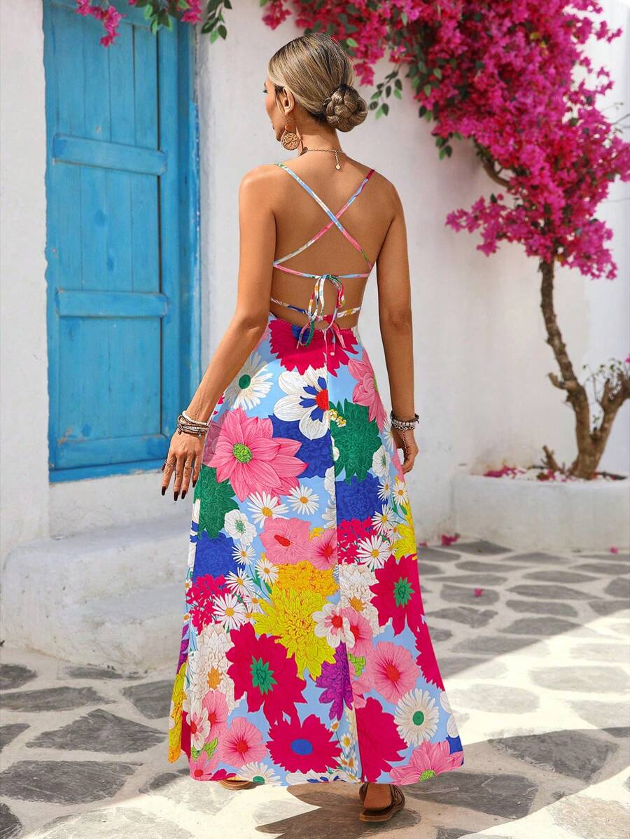 Women's Blue Floral Summer Boho Vacation Holiday Dress