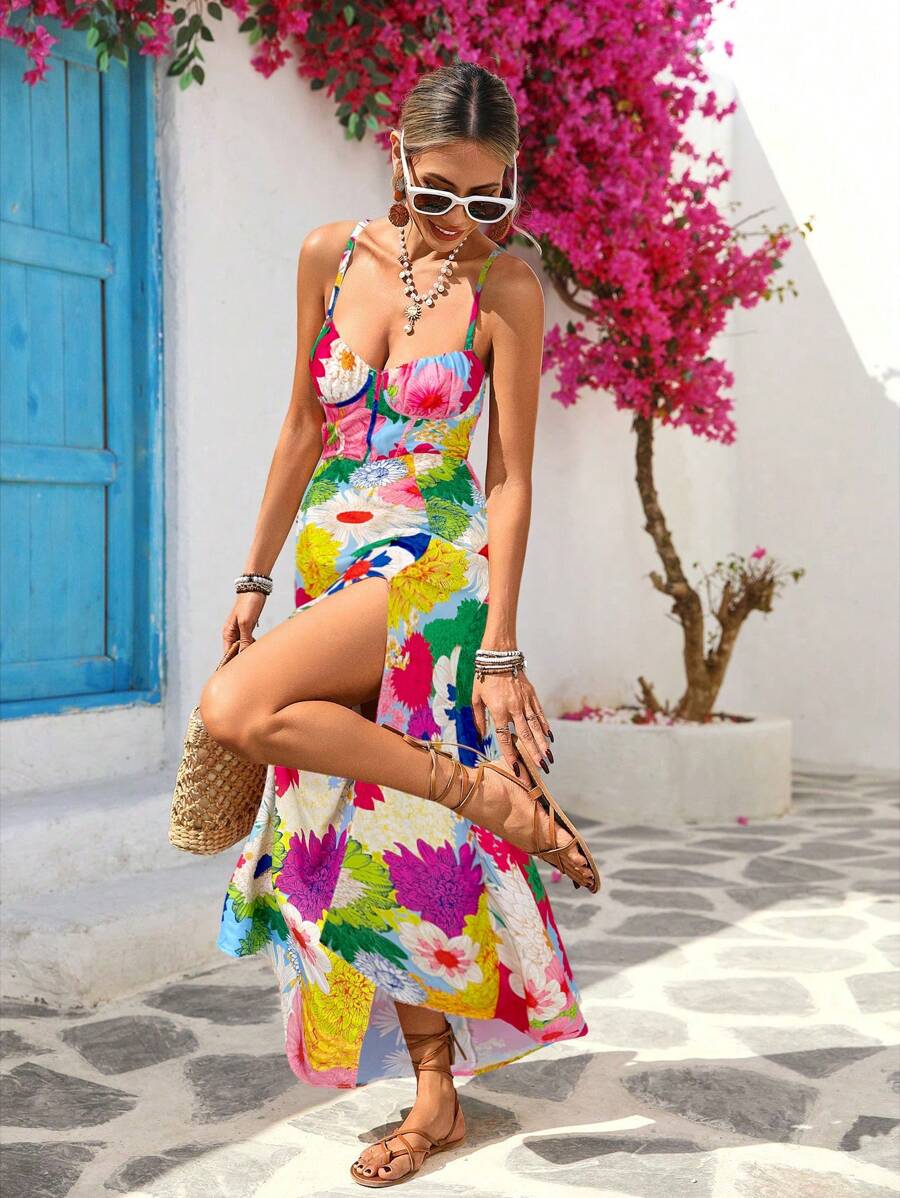 Women's Blue Floral Summer Boho Vacation Holiday Dress