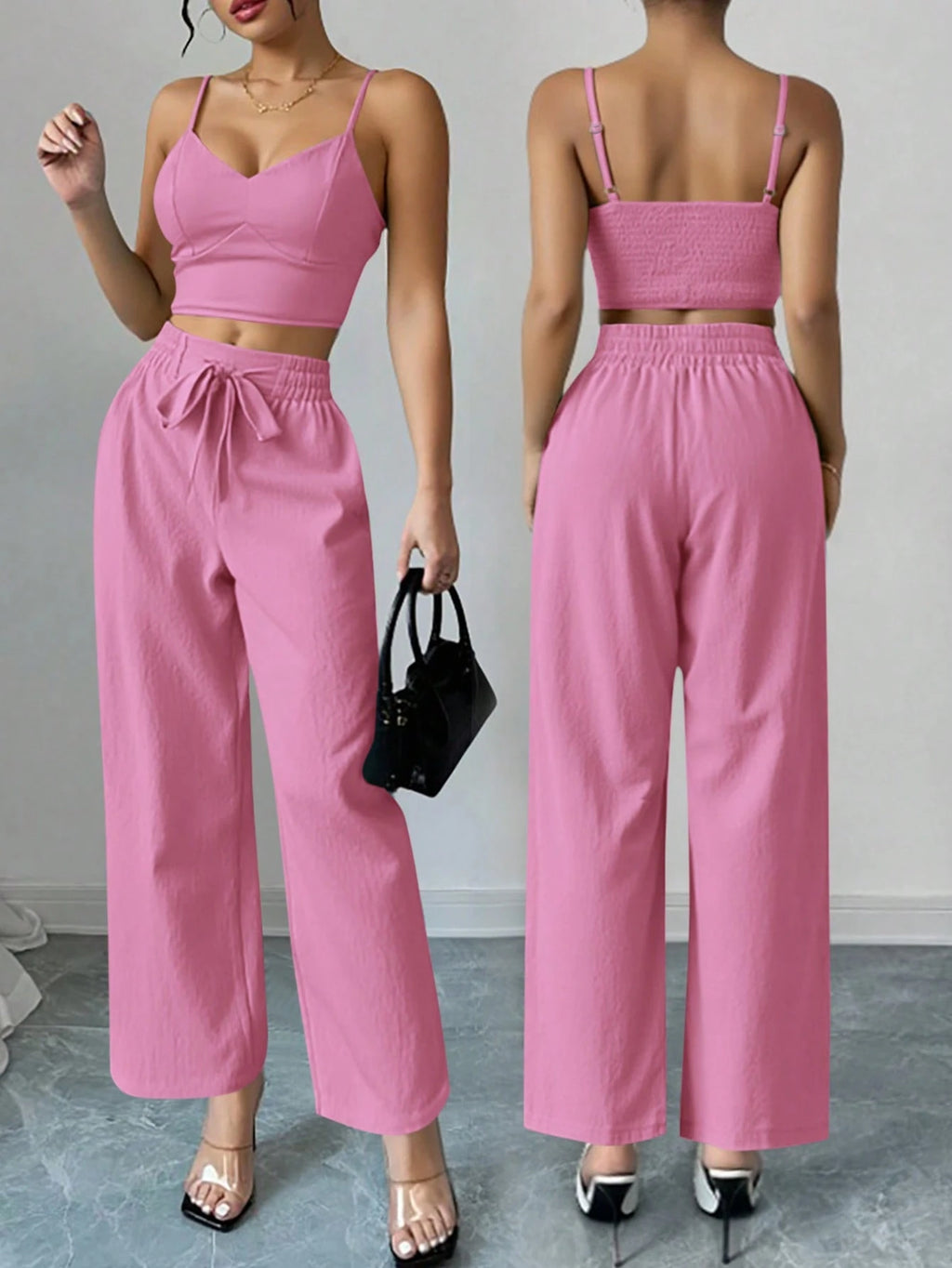 SHEIN Unity 2pcs/Set Women's Tank Top With Bowknot Elastic Straight Leg Pants