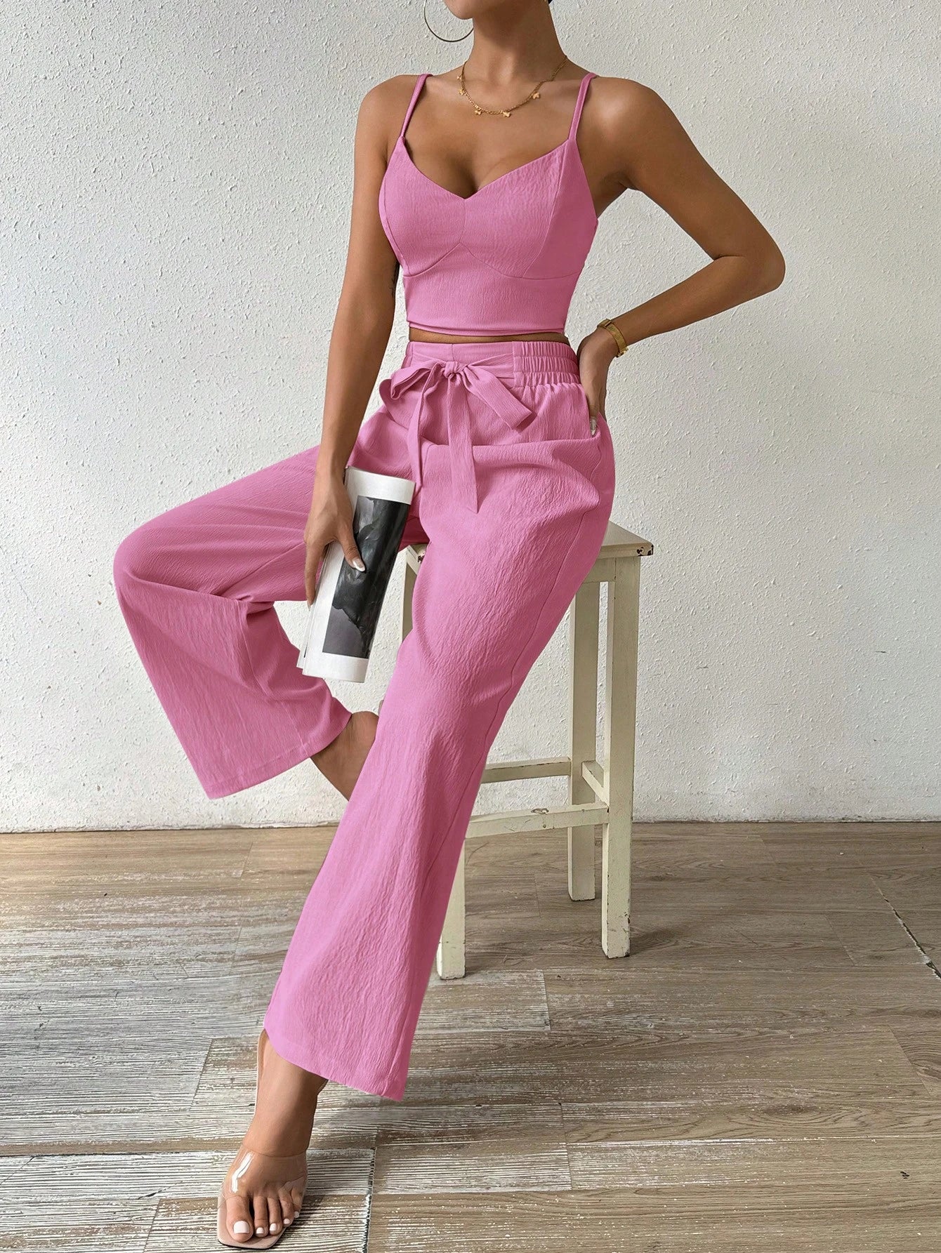SHEIN Unity 2pcs/Set Women's Tank Top With Bowknot Elastic Straight Leg Pants
