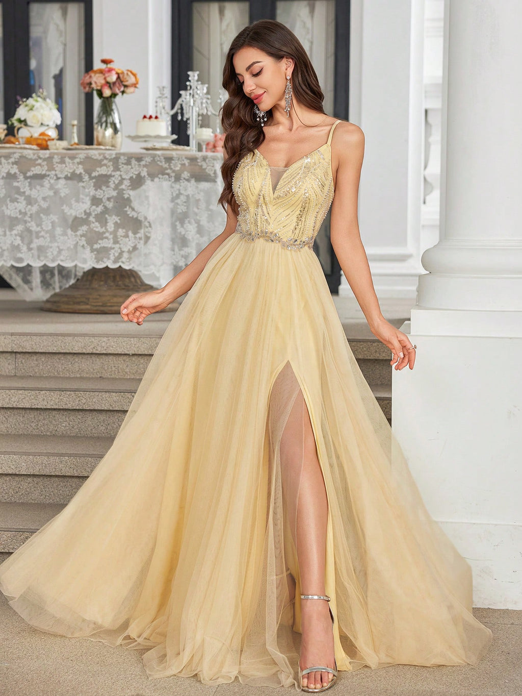 UNITHORSE Women's Elegant Spaghetti Strap High Slit Embroidered Luxury Gown
