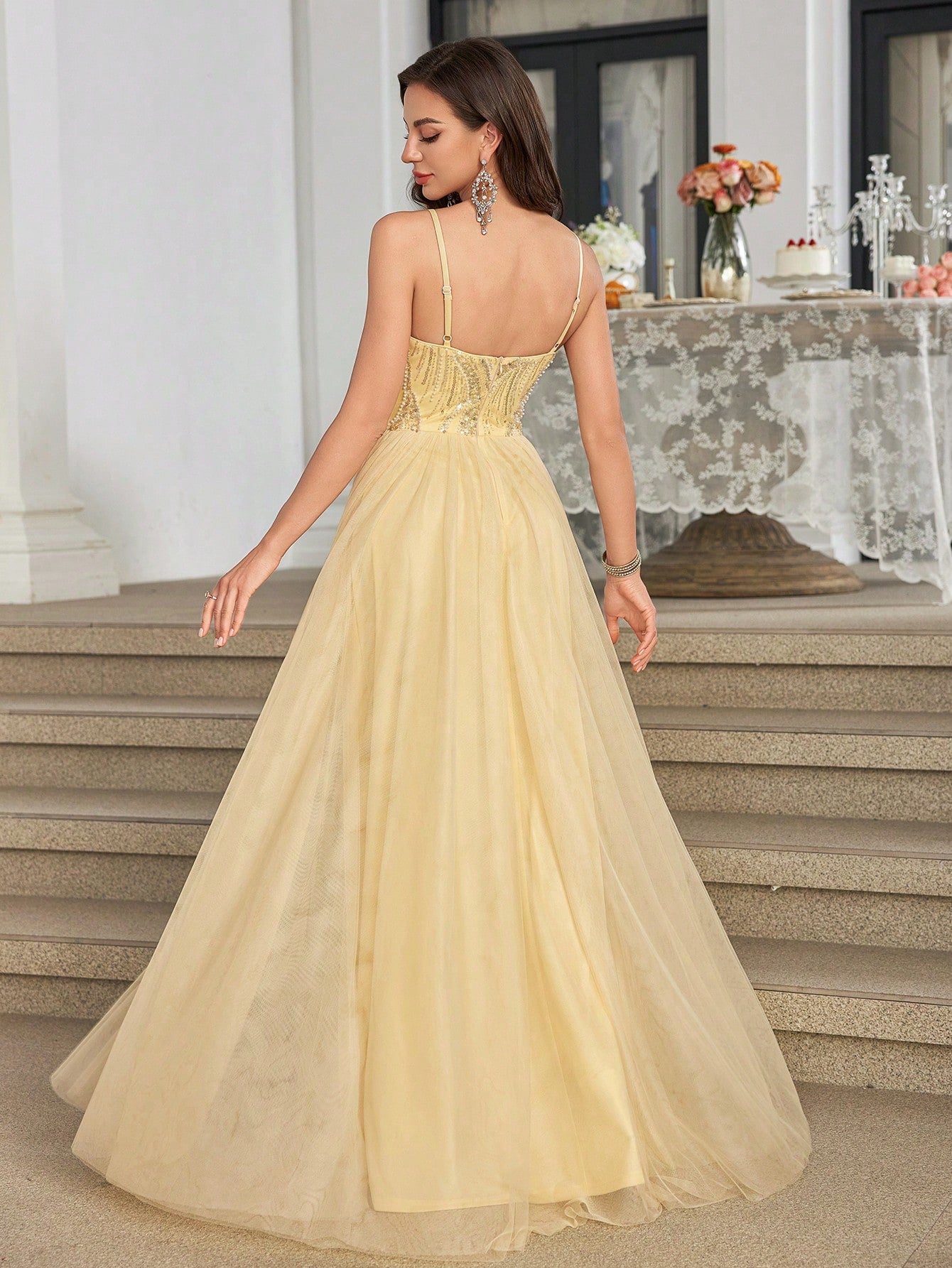 UNITHORSE Women's Elegant Spaghetti Strap High Slit Embroidered Luxury Gown