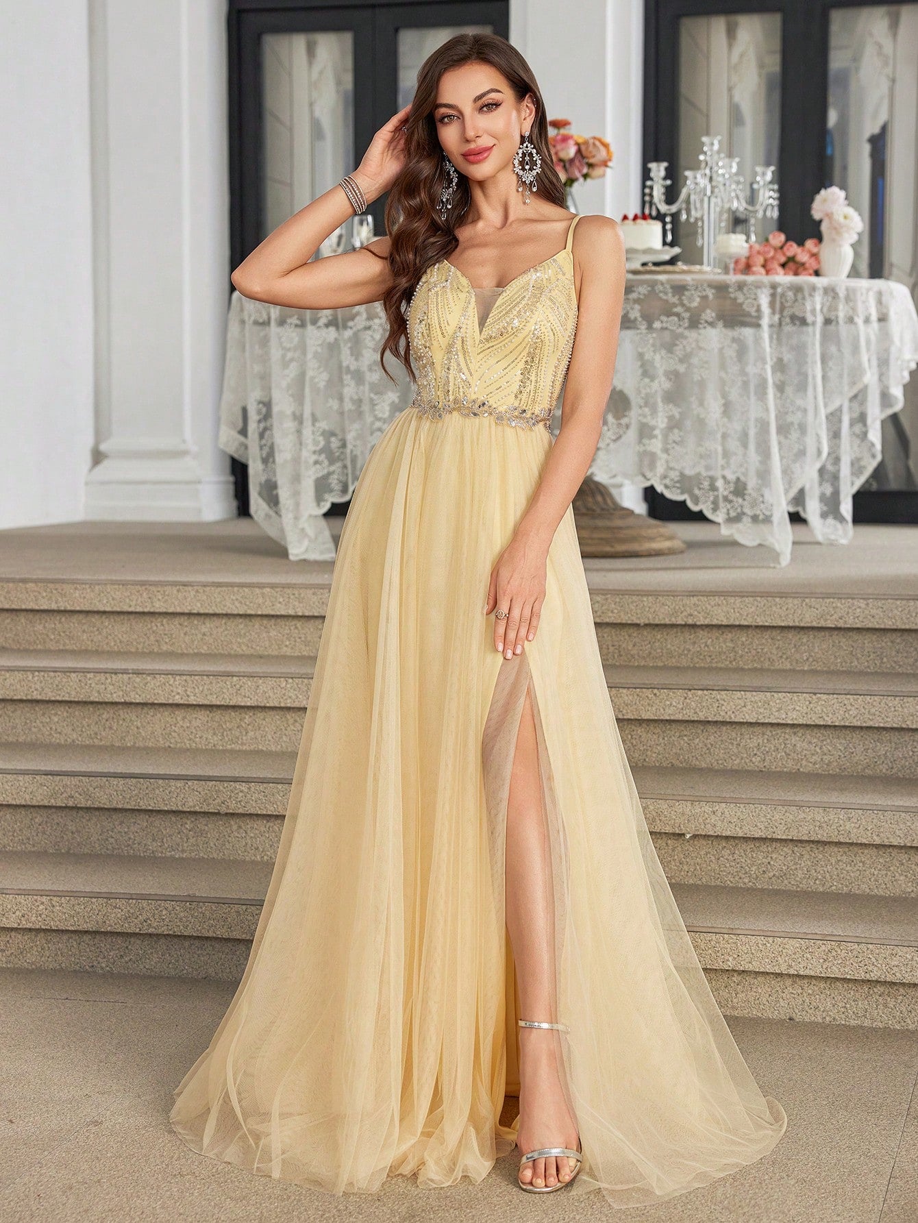 UNITHORSE Women's Elegant Spaghetti Strap High Slit Embroidered Luxury Gown