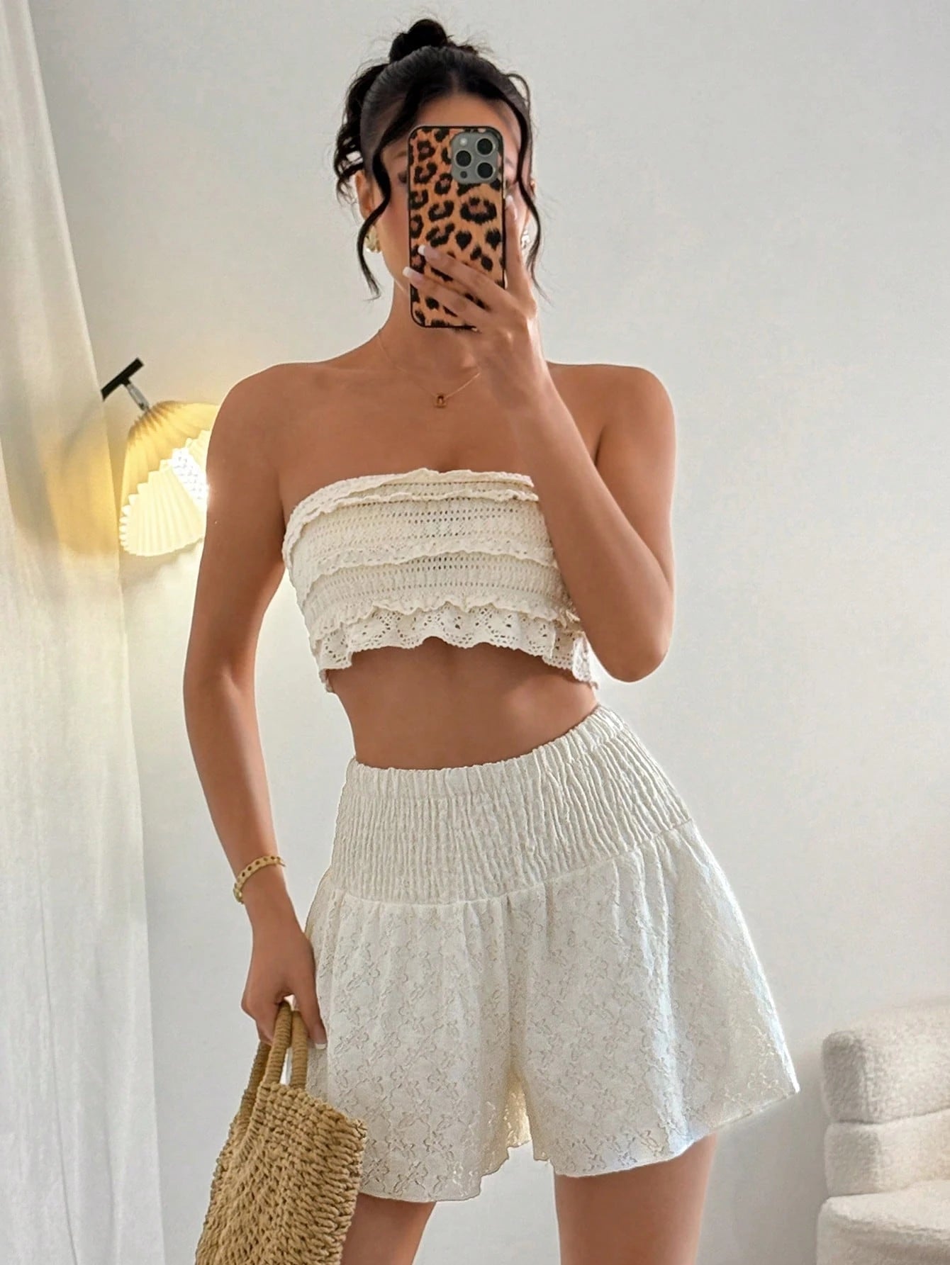 SHEIN Unity Cream White Summer Boho Beach Holiday Mini Skirt Short