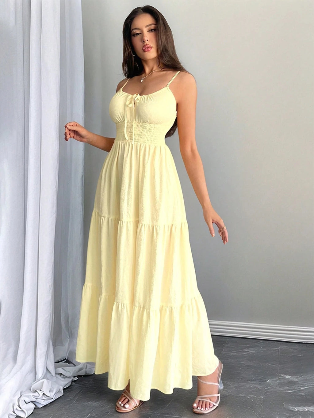 Firerie Women's Pale Yellow Summer Tie-Up Dress