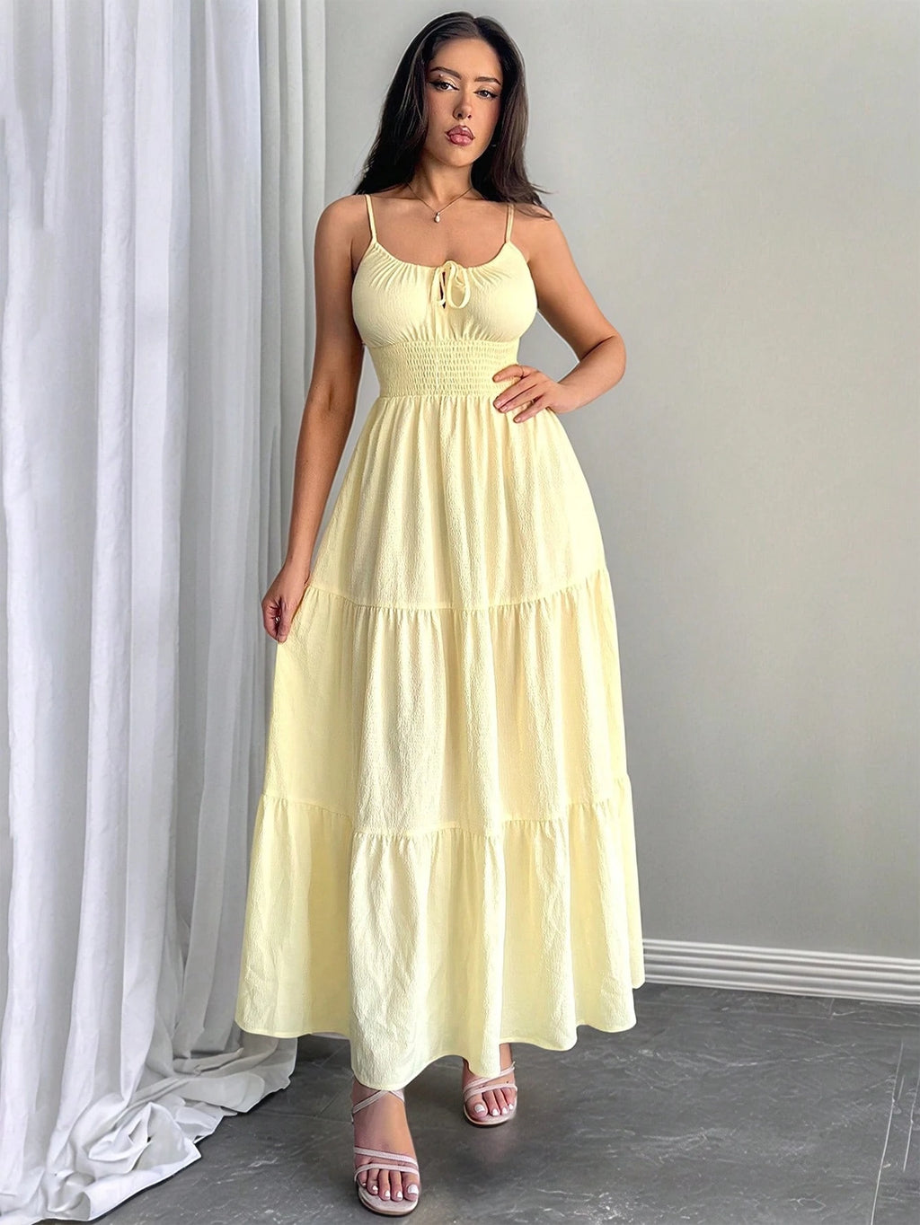 Firerie Women's Pale Yellow Summer Tie-Up Dress