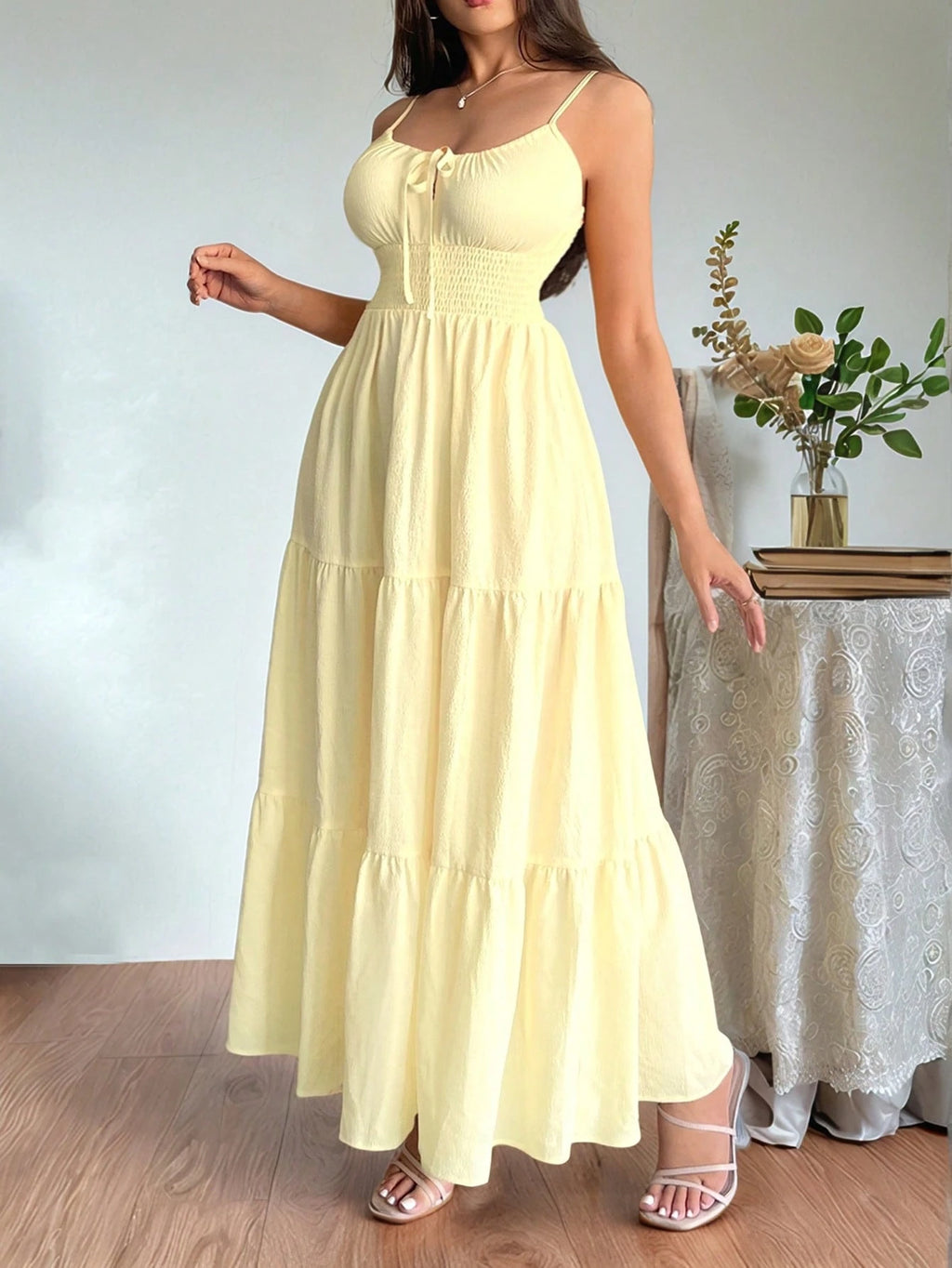Firerie Women's Pale Yellow Summer Tie-Up Dress